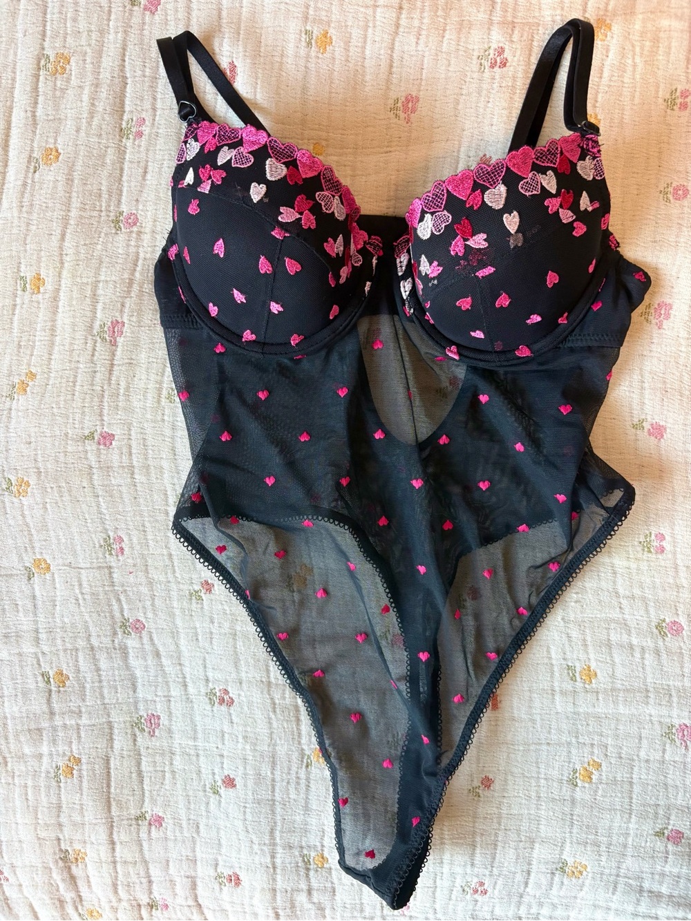 La Vie En Rose Black Mesh Bra with Pink Heart Embroidery